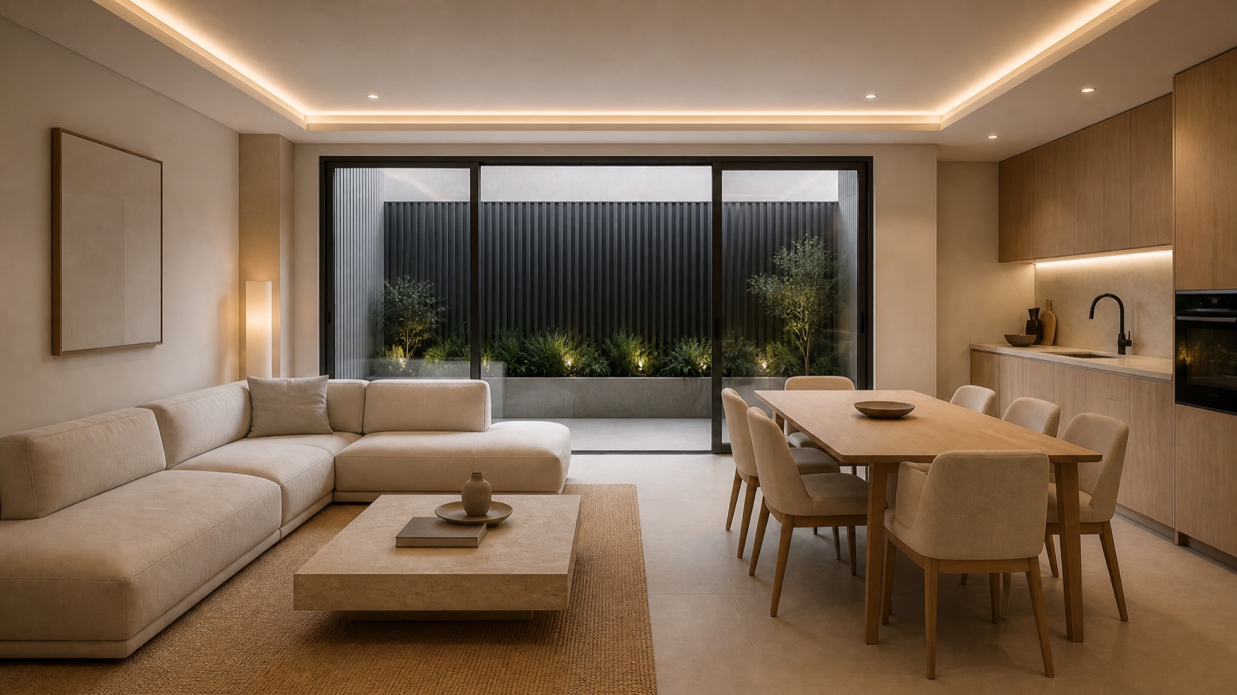 Salón-comedor con la terraza iluminada