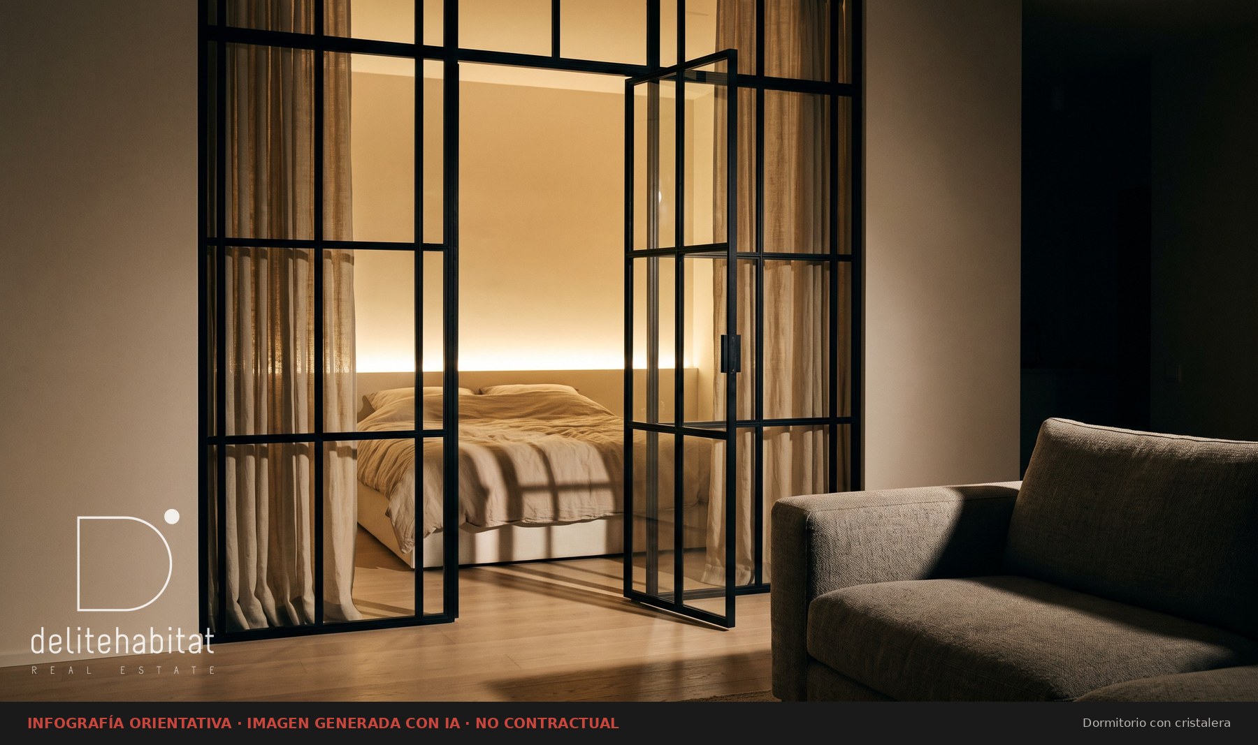 Dormitorio separado del salon por cristalera de cuarterones