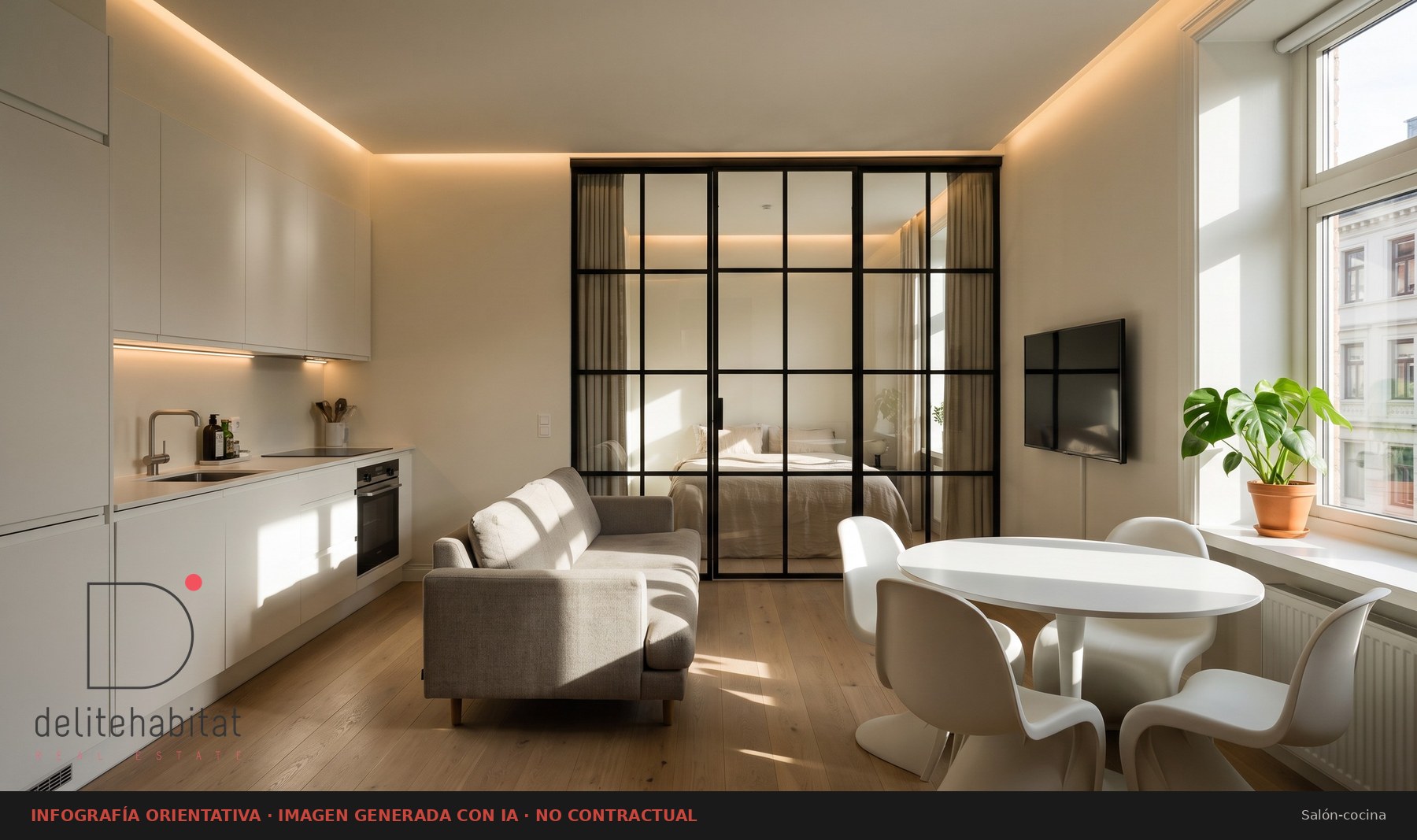 Almortas 10 - infografia del salon-comedor con cocina abierta