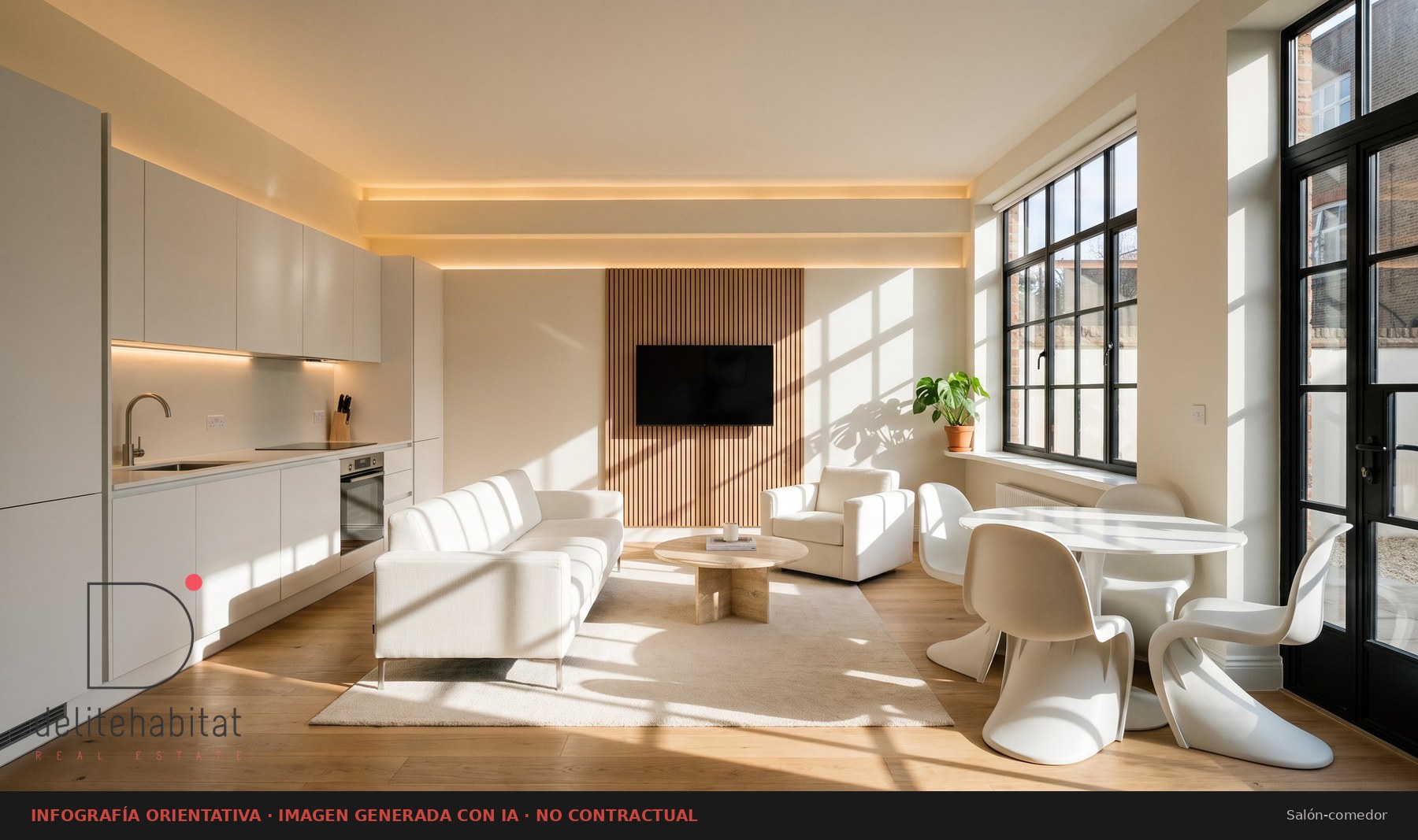 Salon con revestimiento de listones de madera